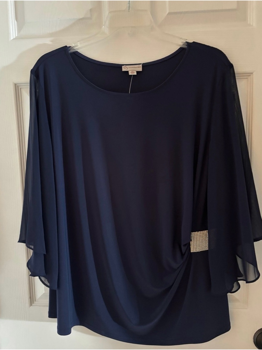 Dressbarn Navy Chiffon Overlay Top with Rhinestone Accent size 3X